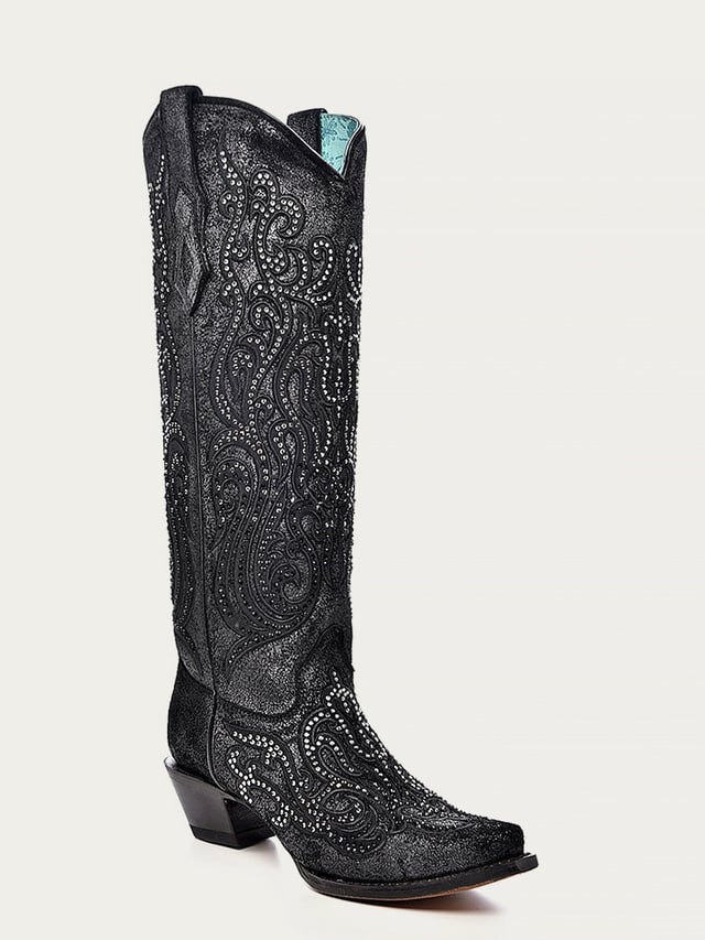 C4097 - WOMEN'S BLACK OVERLAY WITH CRYSTALS TALL TOP SNIP TOE COWBOY BOOT