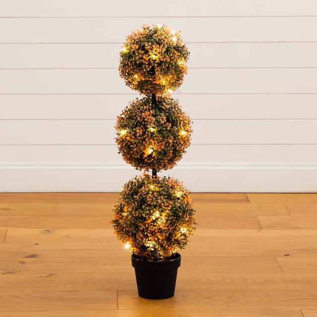 3' UV Resistant Autumn Triple Ball Boxwood Artificial Fall Topiary Tree with 30 Warm White LED Lights (Indoor/Outdoor)
