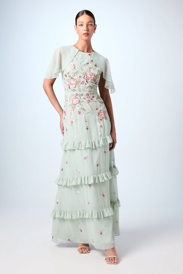 Embroidered Trailing Floral Cape Detail Tiered Bridesmaids Dress