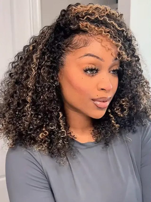 CurlyMe 3 IN 1 Highlight Brown Kinky Curly Half Wig Draw-strings Flip Over Wig