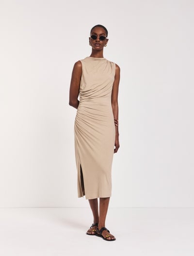 Lana Draped Midi Dress in Taupe