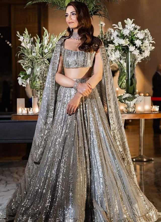 Indian Bridesmaid Wedding Umbrella Lehenga In Grey Faux Georgette Sequins Wedding Wear