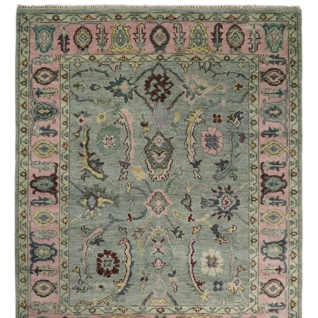 Hand Knotted Pale Green and Pink Traditional Oushak Wool Area Rug