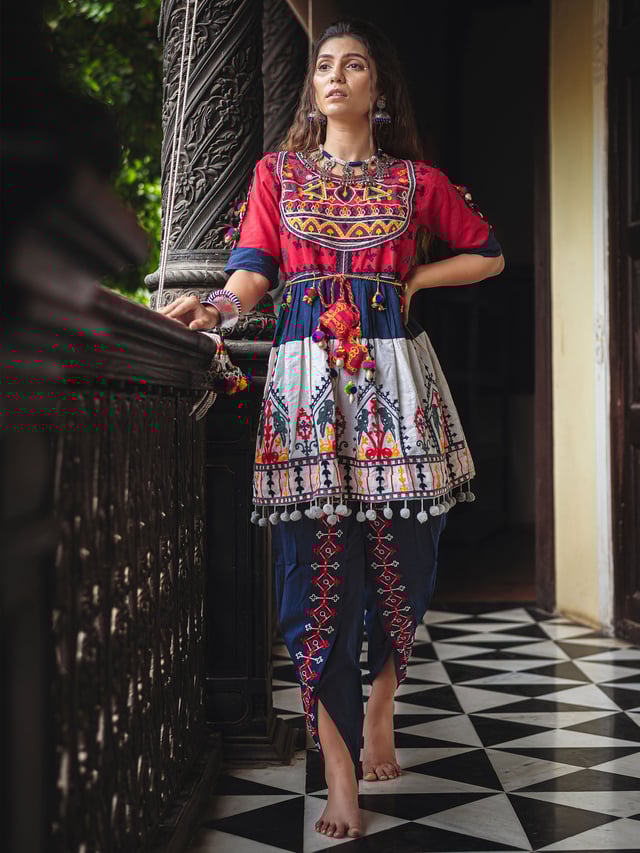 Women's Red yoke and Parrot motif panel embroidered keida and navy blue tulip pants set - MESMORA  FASHION