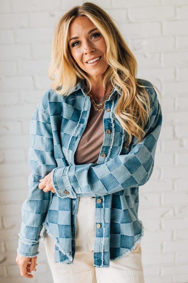 Checked and Fringed Denim Shacket