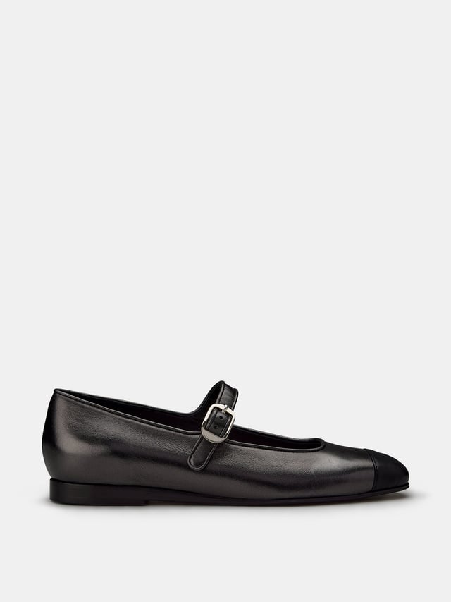 Mary Jane with Toe Cap / Black Metallic Leather