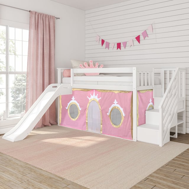 Twin Low Loft Bed with Stairs, Easy Slide, and Princess Curtain