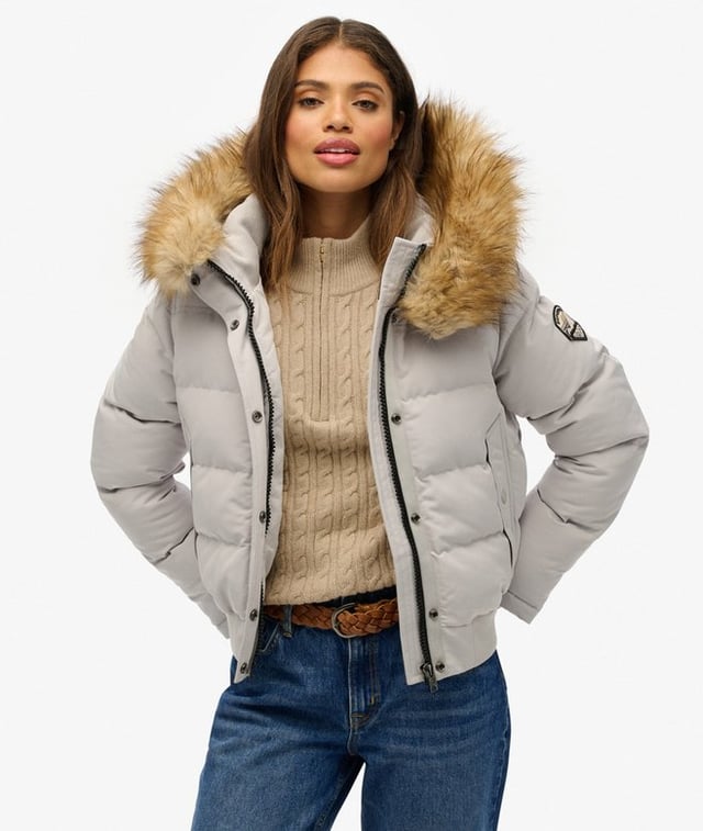 womens Everest Hooded Bomber Jacket in MOONLIGHT GREY | Superdry US