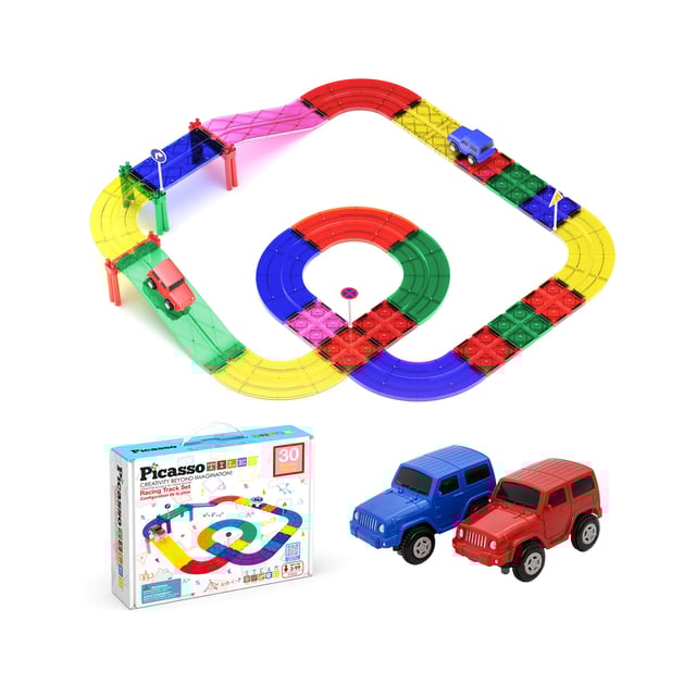 PicassoTiles Magnetic Tiles Race Track w/ Trucks and Car Set