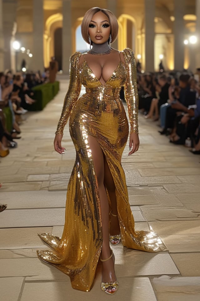 Sequin Long Sleeve V Neck High Slit Party Maxi Dresses-Gold [Pre Order]