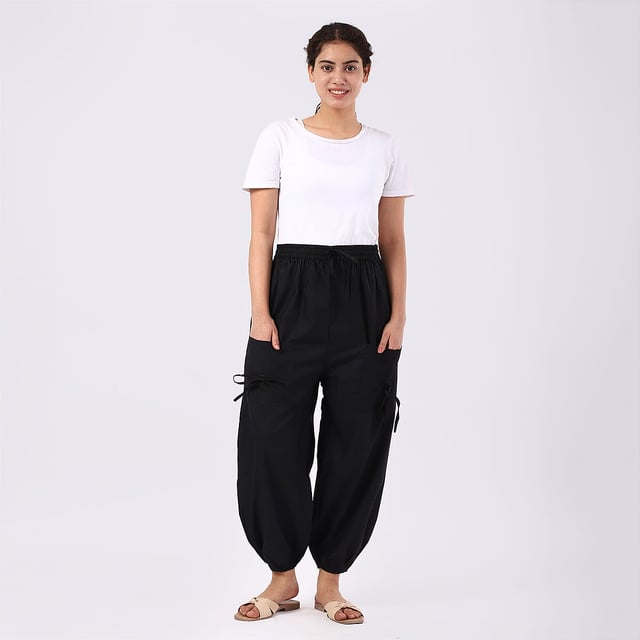 Black 2 Front Pocket Harem Pants with Ankle Cuffs Drawstring - One Size Fits Most