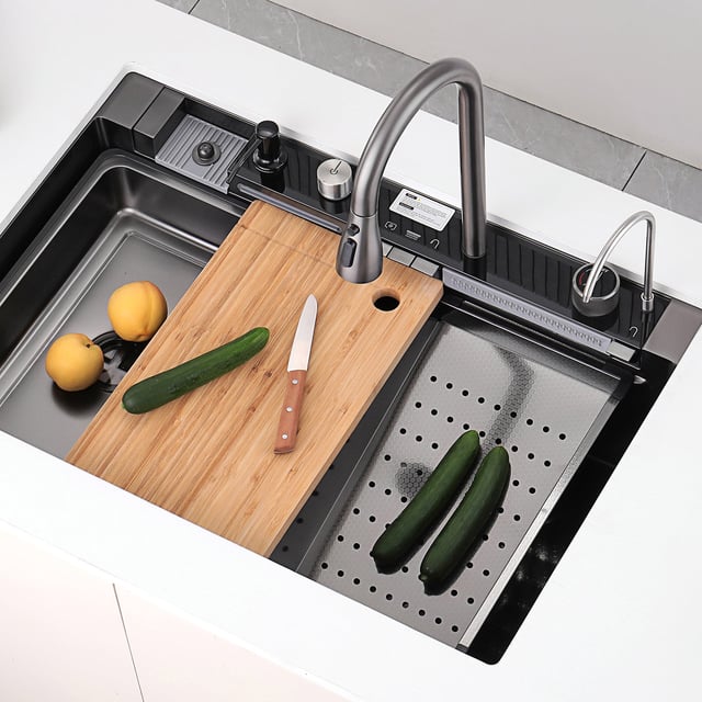 Lefton 33"x22" Waterfall Stainless Steel Single Bowl Workstation Kitchen Sink with Digital Temperature Display-KS2206L-PRO