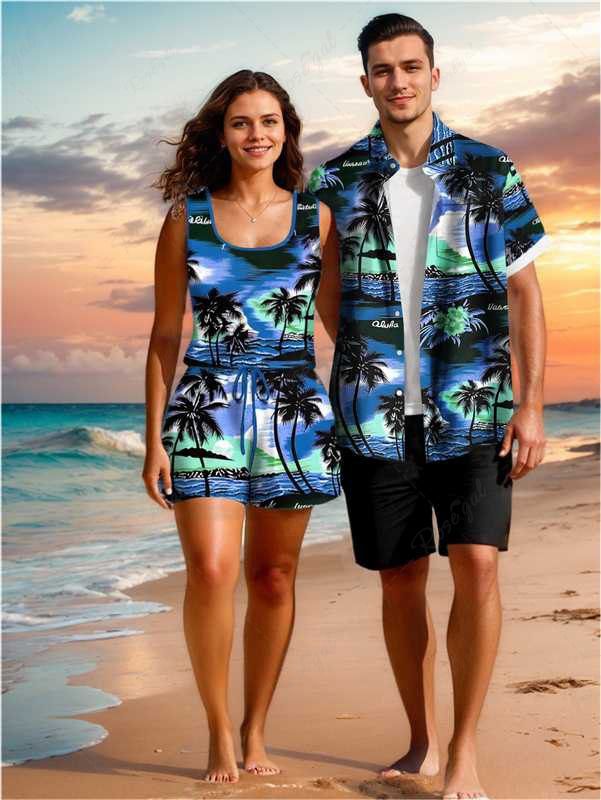 Matching Hawaii Shirt and Romper Plus Size Beach Outfit Coconut Tree Sea Flower Print For Couples