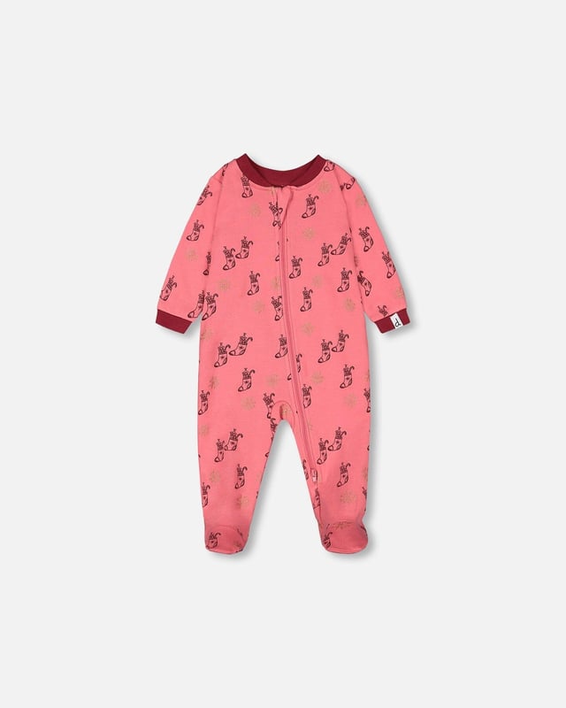 Organic Cotton One Piece Pajama Pink Christmas Stocking Print