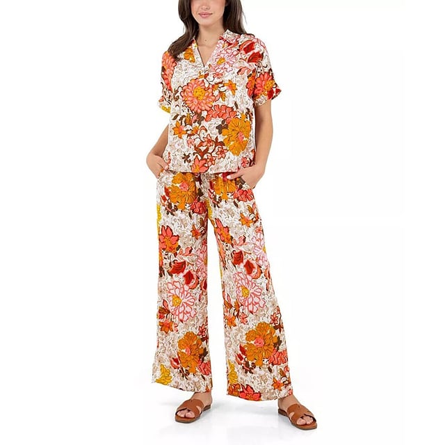 Fever Orange Floral Satin Like Top with Collar - L