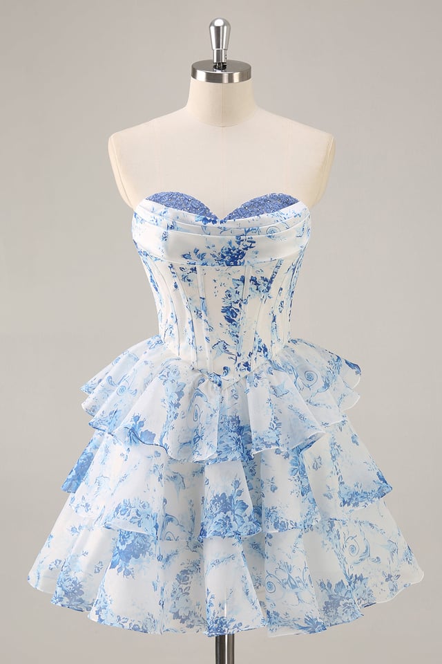 White Blue Flower Corset Tiered Short Homecoming Dress