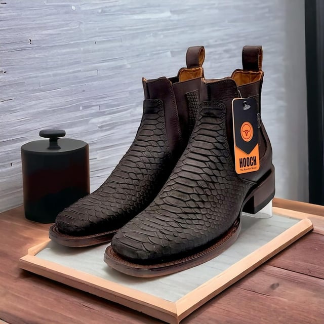 Python Print Square Toe Ankle Boots - Chocolate