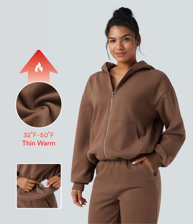 Hooded Zip Fly Fleece Casual Sweatshirt with Pockets