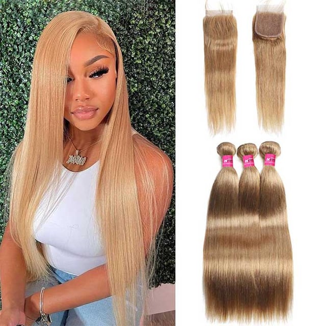 Honey Blonde Bundles with 4x4 Lace Closure #27 Color Straight Human Hair Weave