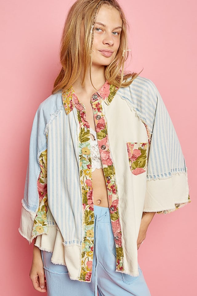 POL Oversized Mixed Print Top with Raglan Sleeves in Denim/Natural FINAL SALE
