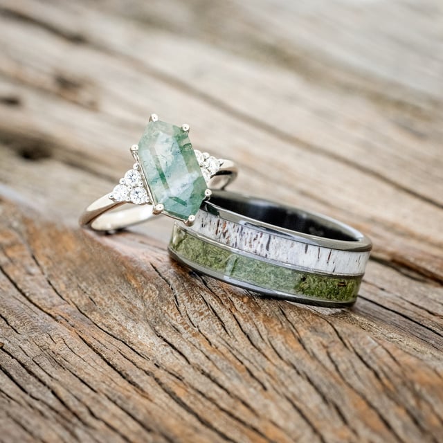 MATCHING SET OF "OCTAVIA" MOSS AGATE & TRACER WITH "DYAD" ANTLER & MOSS WEDDING RINGS
