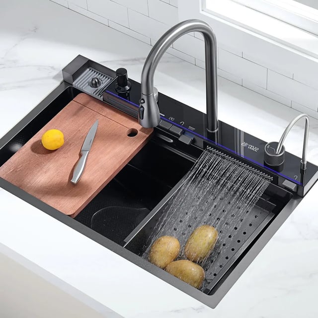 Lefton 33x22 Inch Stainless Steel Single Bowl Large Kitchen Sink with Digital Temperature Display & LED Lighting-KS2206L