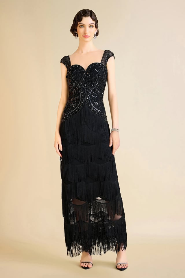 Geometric Rhinestone Fringe Evening Gown