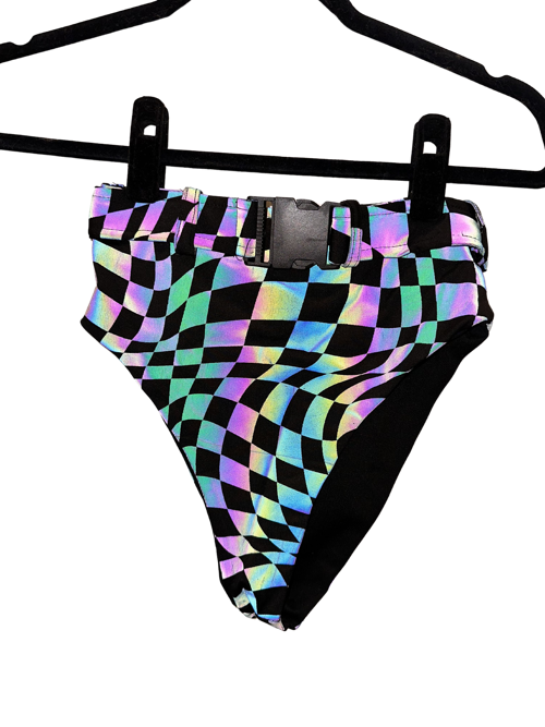iHeartraves Reflective Checker High Waist Booty Shorts with Clasp Belt