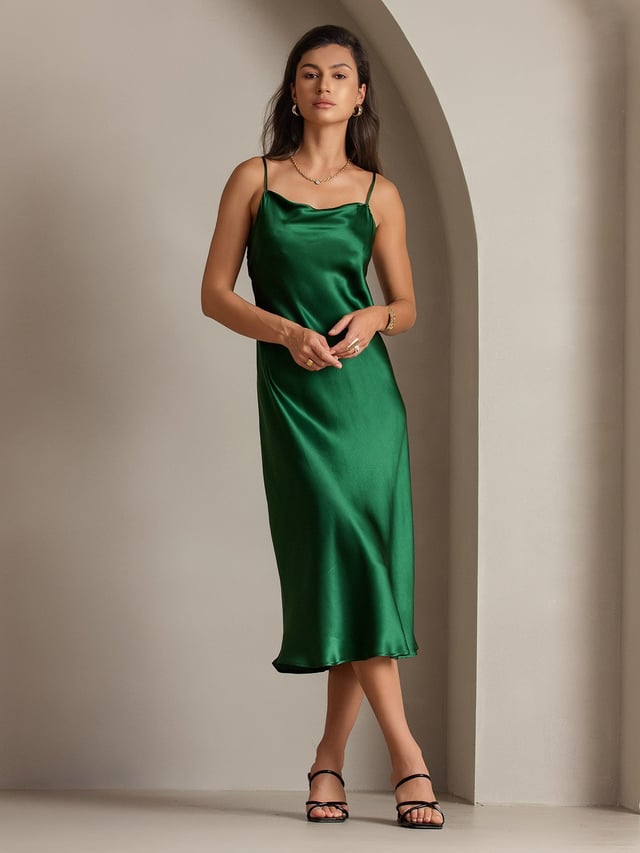 Pure Silk Cowl Neck Strap Maxi Long Dresses