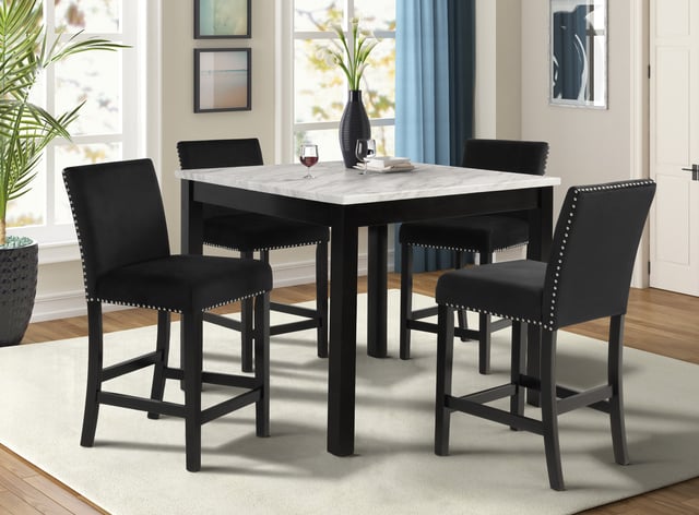 5pc counter height dining set square white faux marble table black velvet upholstered tufted nail head chairs wooden leg