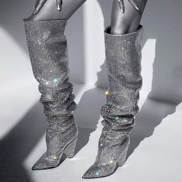 Silver Rhinestone Hotfix Knee High Slouch Boots with Cone Heels