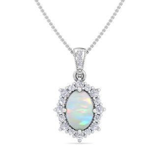 1-1/3 Carat Oval Shape Opal and Diamond Necklace In 14K White Gold (I-J, I1-I2)
