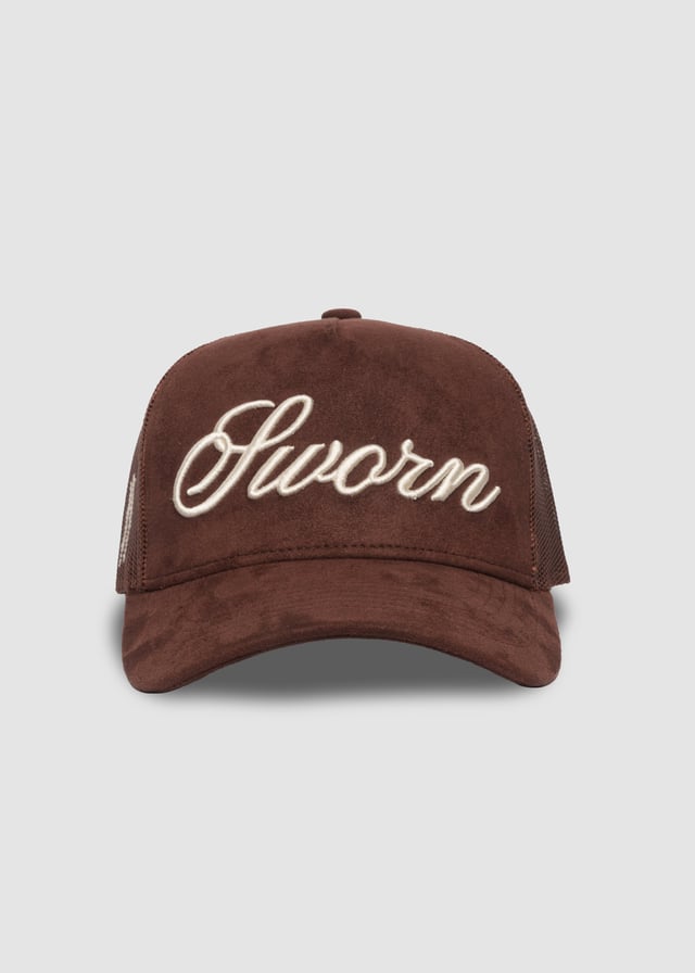 Script Suede Trucker Snapback // Chocolate