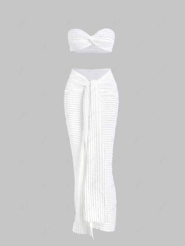 Women's Sexy See Through Twist Knot Crop Tube Top And Tied Waist Maxi Skirt Set