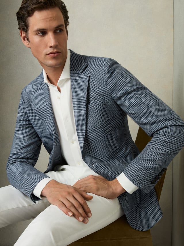 Single Breasted Check Blazer With Wool in Blue