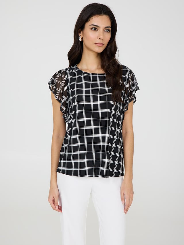 Plaid Print Mesh Flutter Sleeve Top