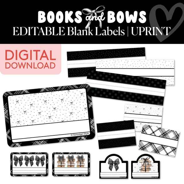 Black and White Printable Editable Blank Classroom Labels | Books and Bows