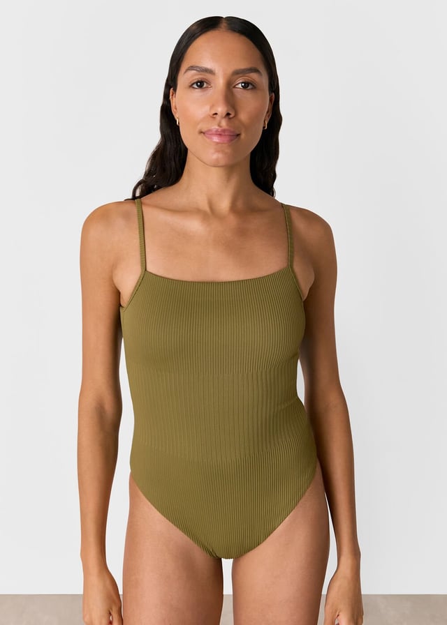 Olive Mixed Rib Square Neck Swimsuit
