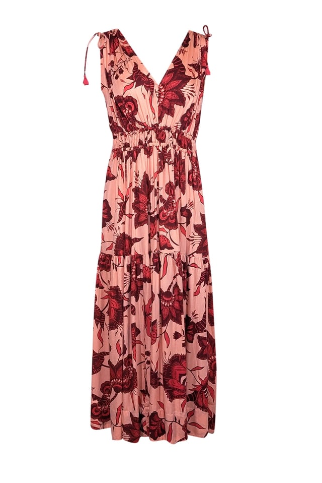 Omika - Peach w/ Red Floral Print Sleeveless Maxi Dress Sz L