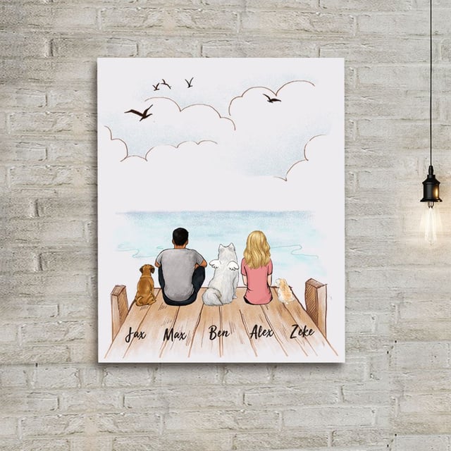 Dog Lovers Portrait - Personalized Gifts For Dog Lovers - Canvas Print - Wall Art - Dog & Couple - Wooden Dock