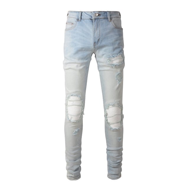 Pale Blue White Ribbed Patchwork Jeans