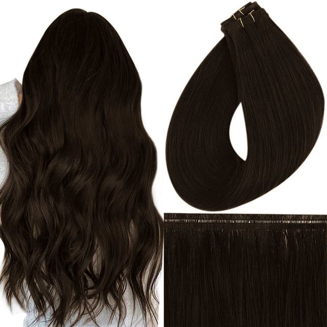 Full Shine Great Darkest Brown Flat Silk Weft Virgin Sew In 100% Real Human Hair Extensions (#2)