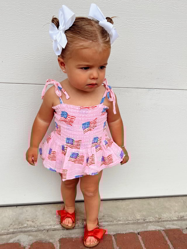 Muslin Smocked Bubble w/ Skirt, American Flag Pink
