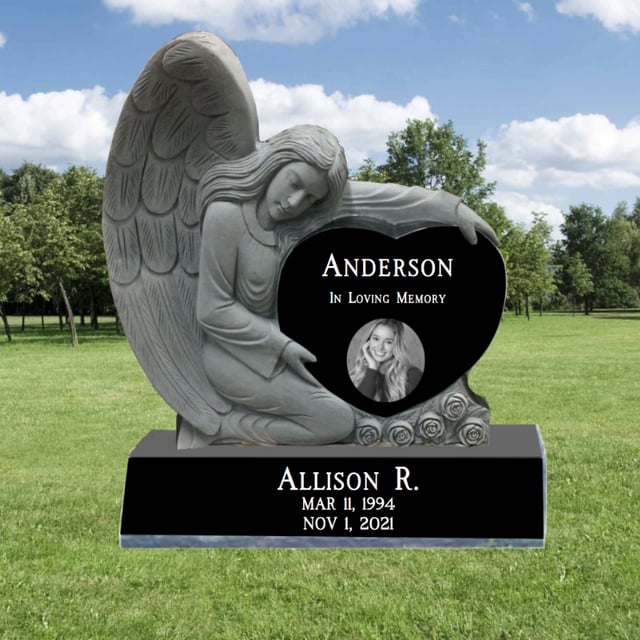 Limited Time SPECIAL! Single Black Granite Carved Angel Heart Headstones