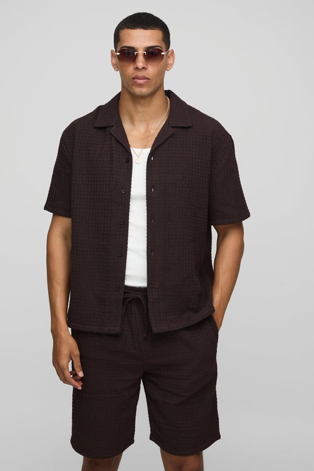 Oversized Jumbo Waffle Revere Shirt and Shorts Set | boohooMAN USA