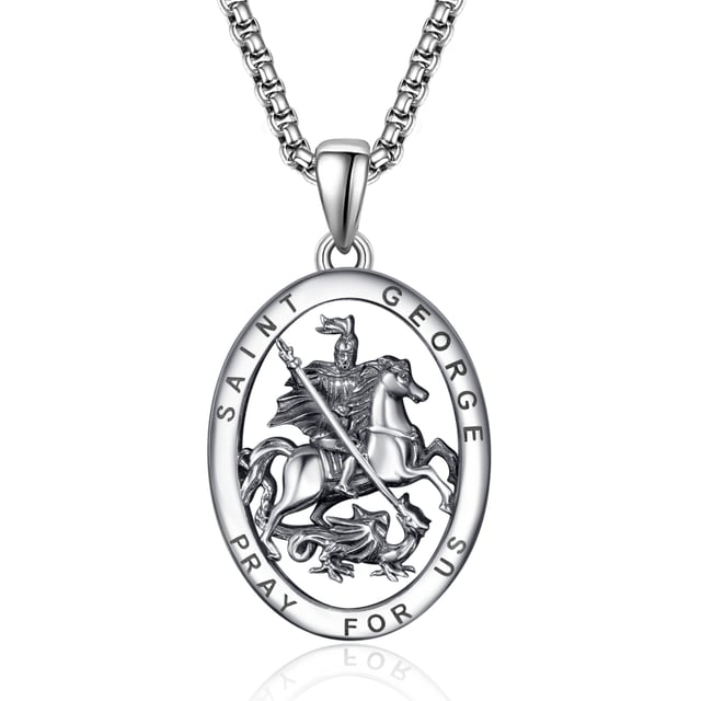 Sterling Silver Saint George Pendant Necklace with Engraved Word for Men