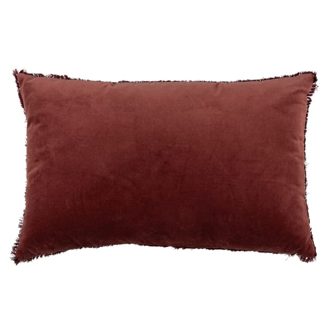 Cuscino in velluto di cotone rosso con mini pompon 60x40 cm