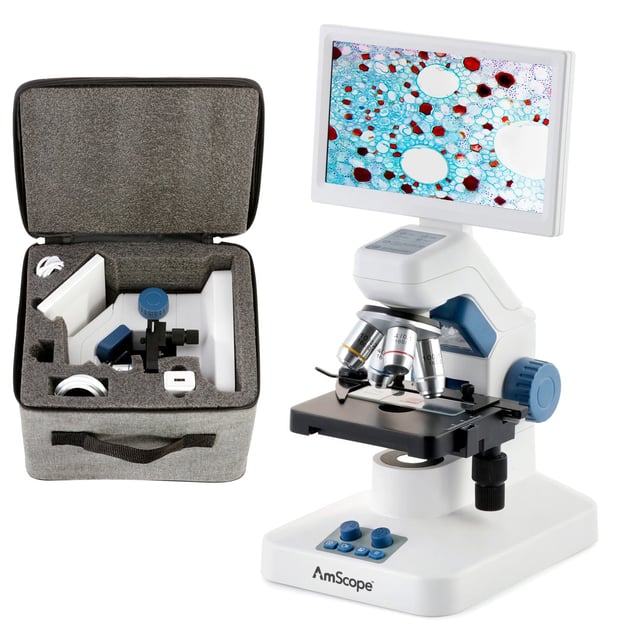 AmScope Full HD 7" Digital Compound Microscope w/ Mechanical Stage, 4 Objectives, and 32GB MicroSD Card