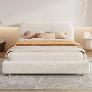 Boucle Fabric Upholstered Platform Bed with Curve-Shaped Design Headboard