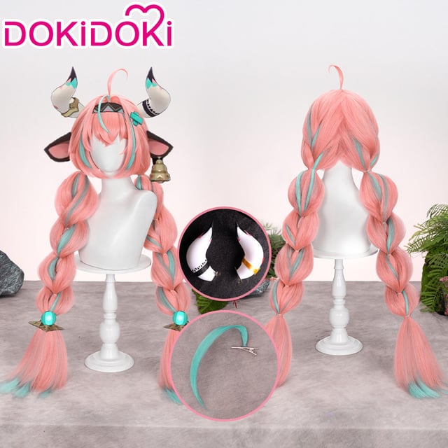 DokiDoki Game Genshin Impact Cosplay Varesa Wig Long Pink Green Highlights Hair Removable Ahoge